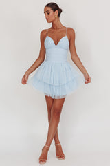 Nightingale Ruched Mesh Mini Dress Baby Blue