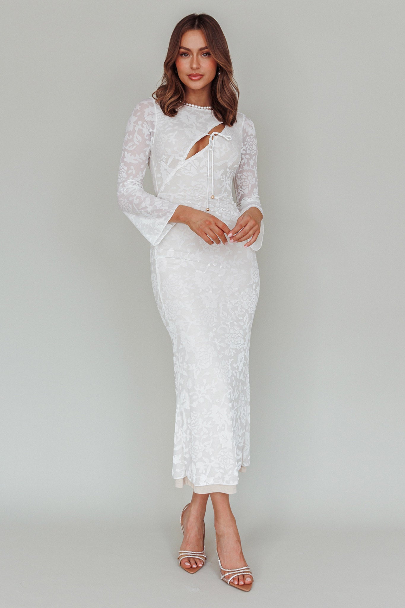 Novalie Long Sleeve Velvet Print Midi Dress White