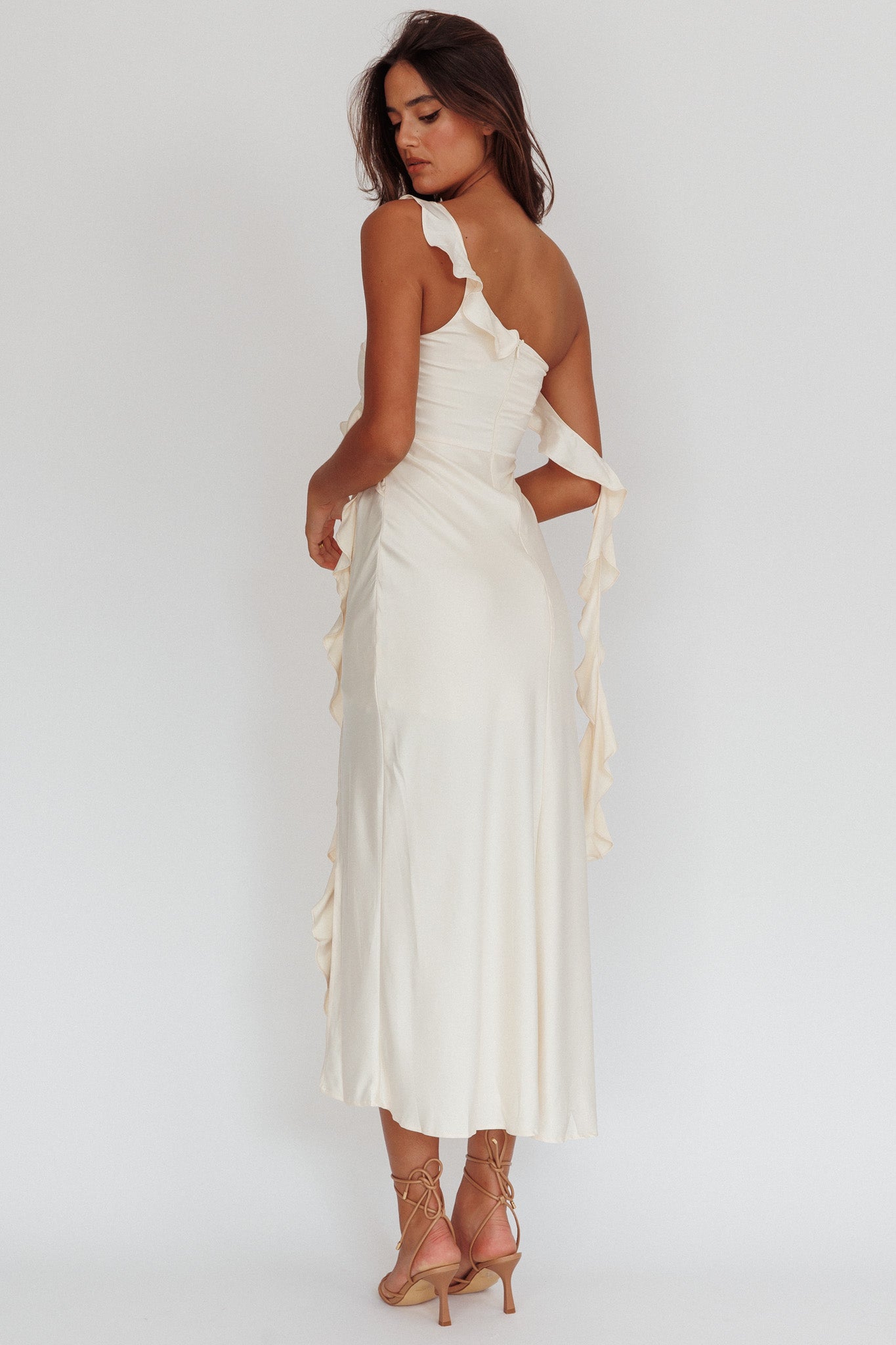 Like Yesterday Satin Ruffle Midi Dress Butter