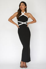 Eleganza Halterneck Contrast Maxi Dress Black