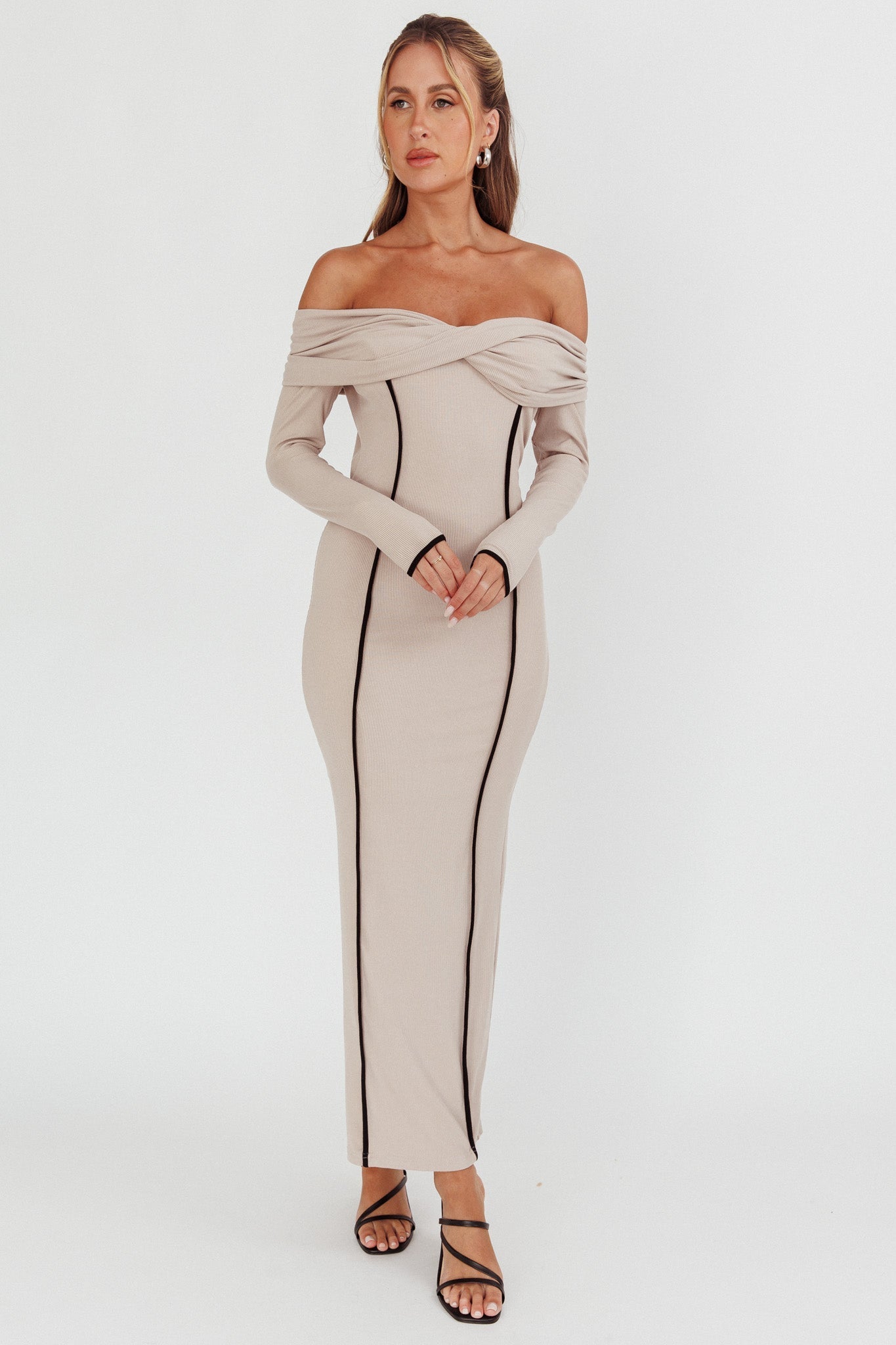 Genesis Off-Shoulder Long Sleeve Maxi Dress Pebble