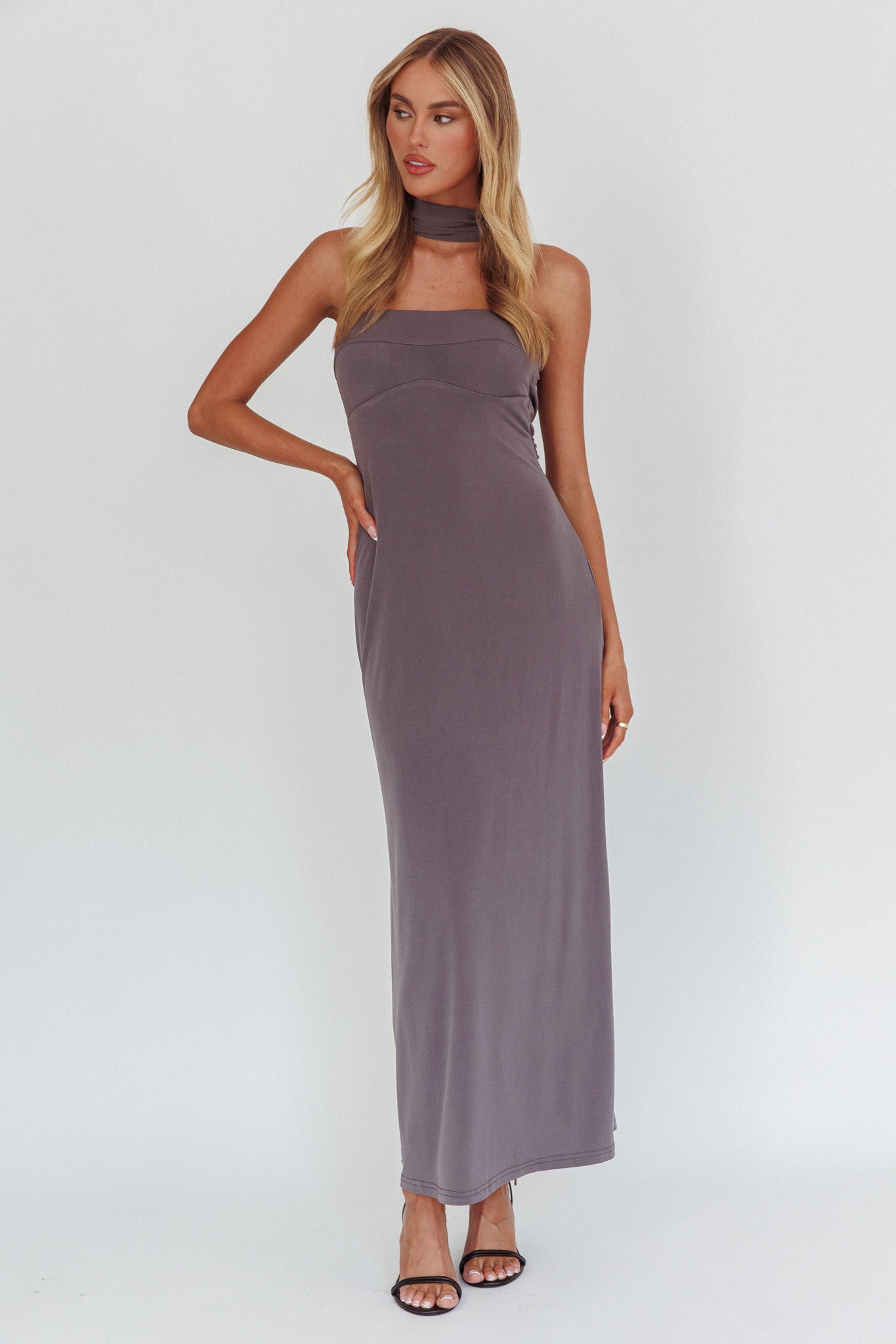 Damsel Reverse Halter Maxi Dress Charcoal