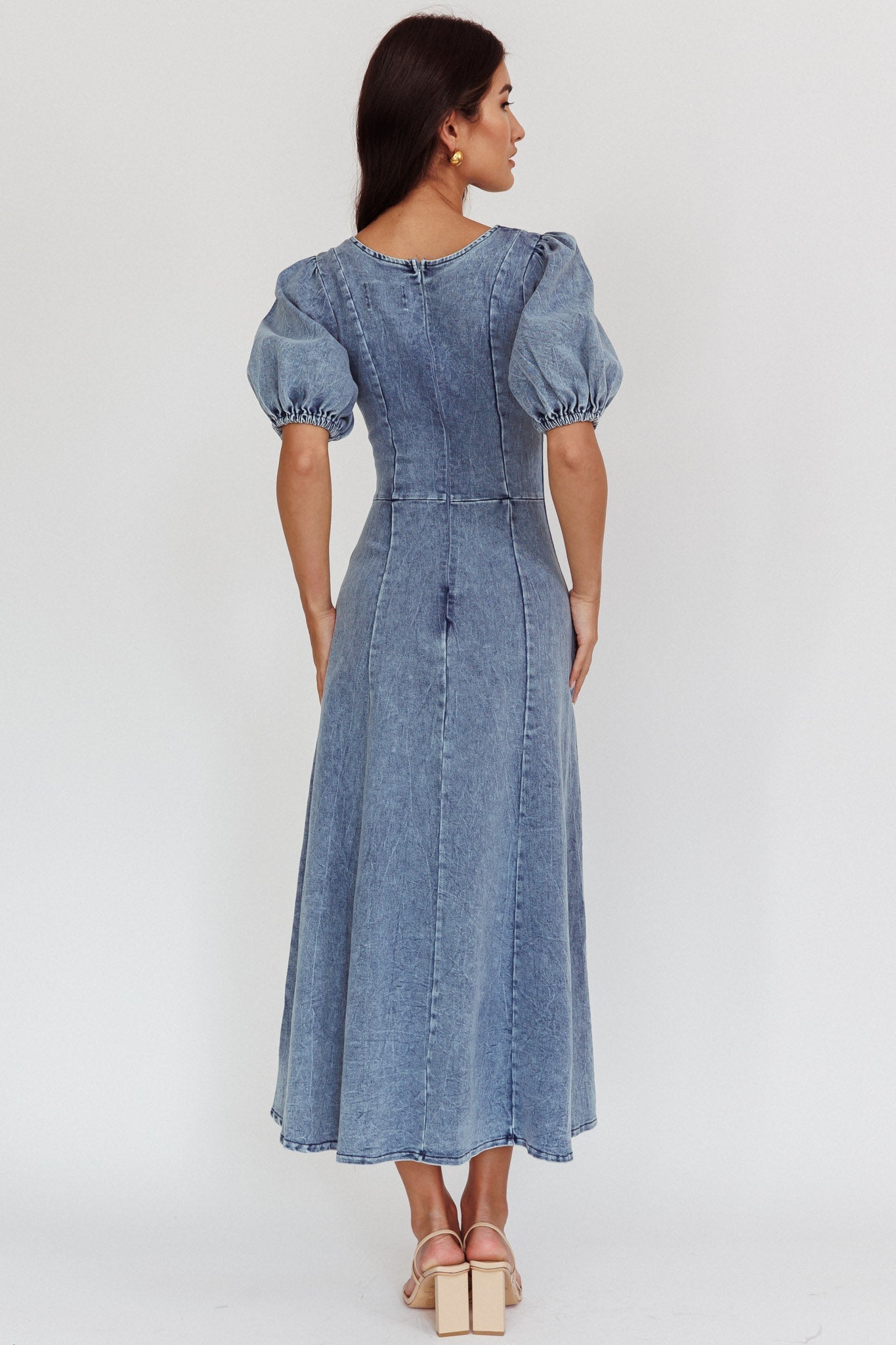 Morgane Puff Sleeve V-Neck Midi Dress Light Denim Blue