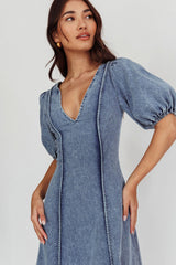 Morgane Puff Sleeve V-Neck Midi Dress Light Denim Blue