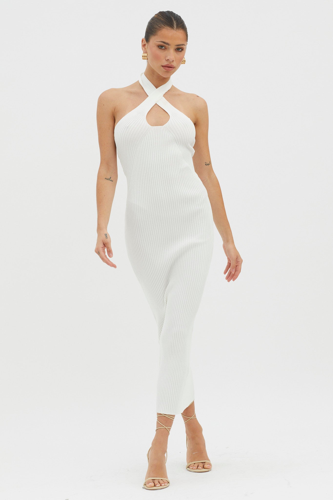 Lovelock Halterneck Ribbed Knit Midi Dress White
