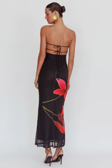 Iridian Strapless Floral Maxi Dress Black