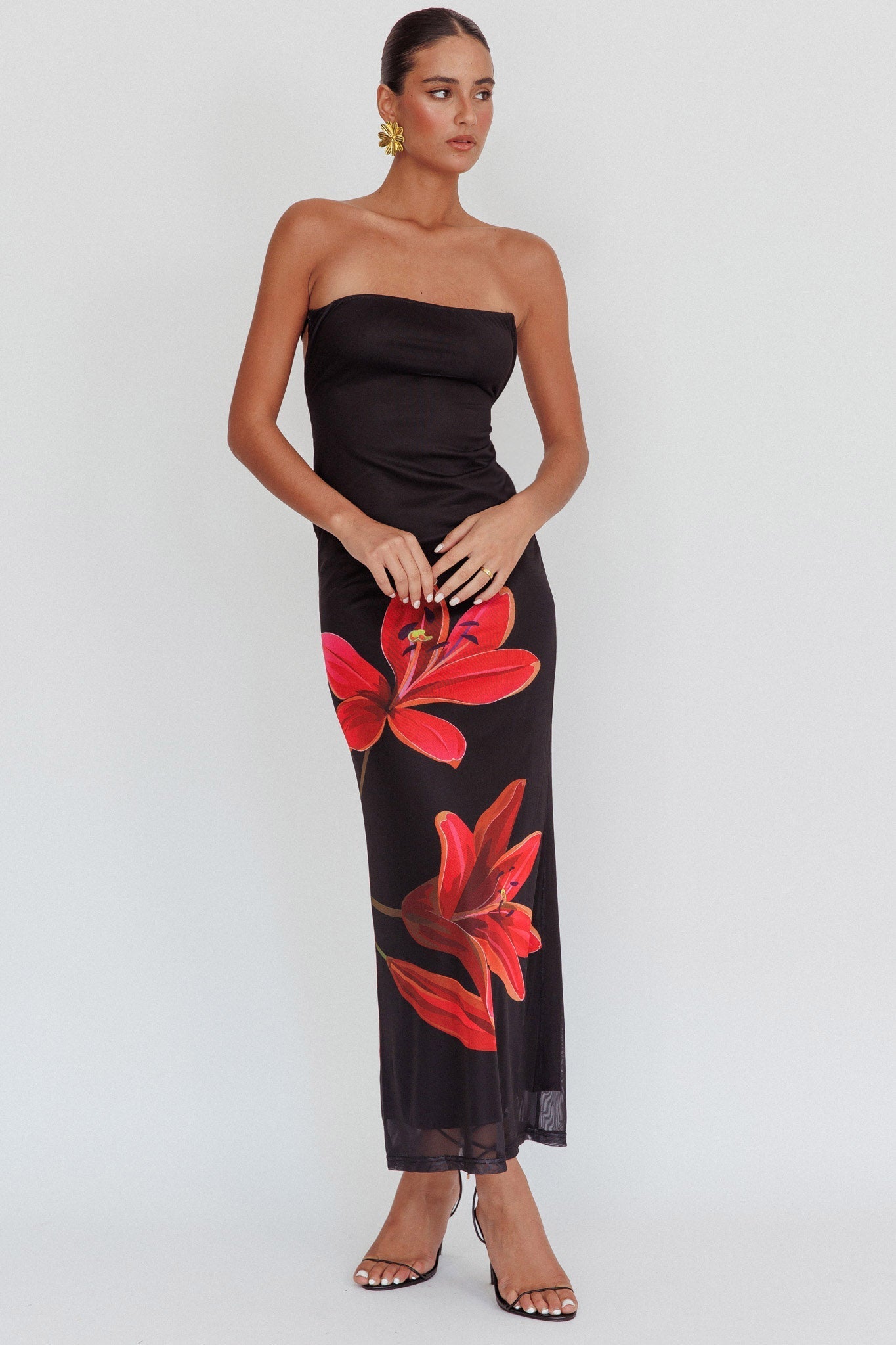 Iridian Strapless Floral Maxi Dress Black