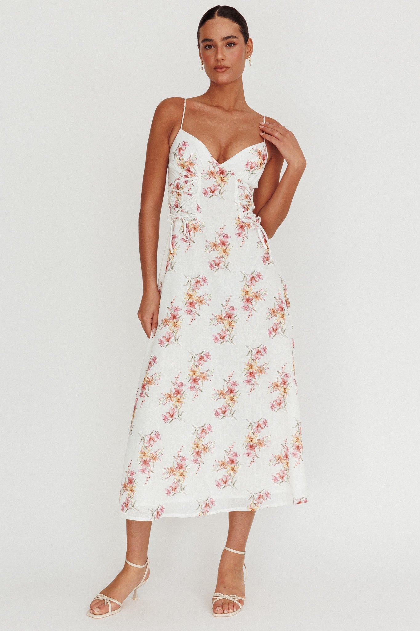 Kalaya Lace-Up Waist Midi Dress Floral