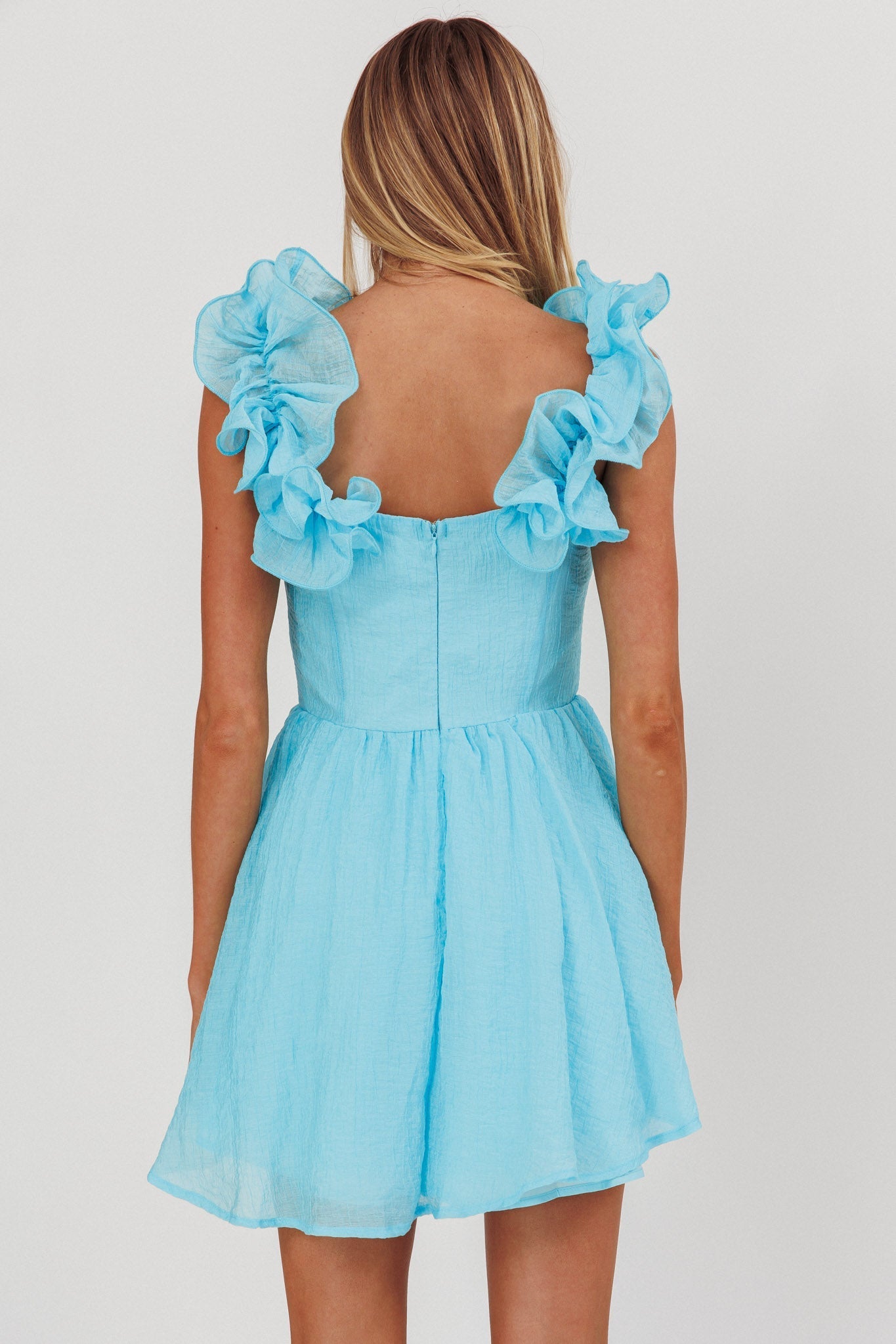 Nivaya Ruffle Neckline Mini Dress Ocean
