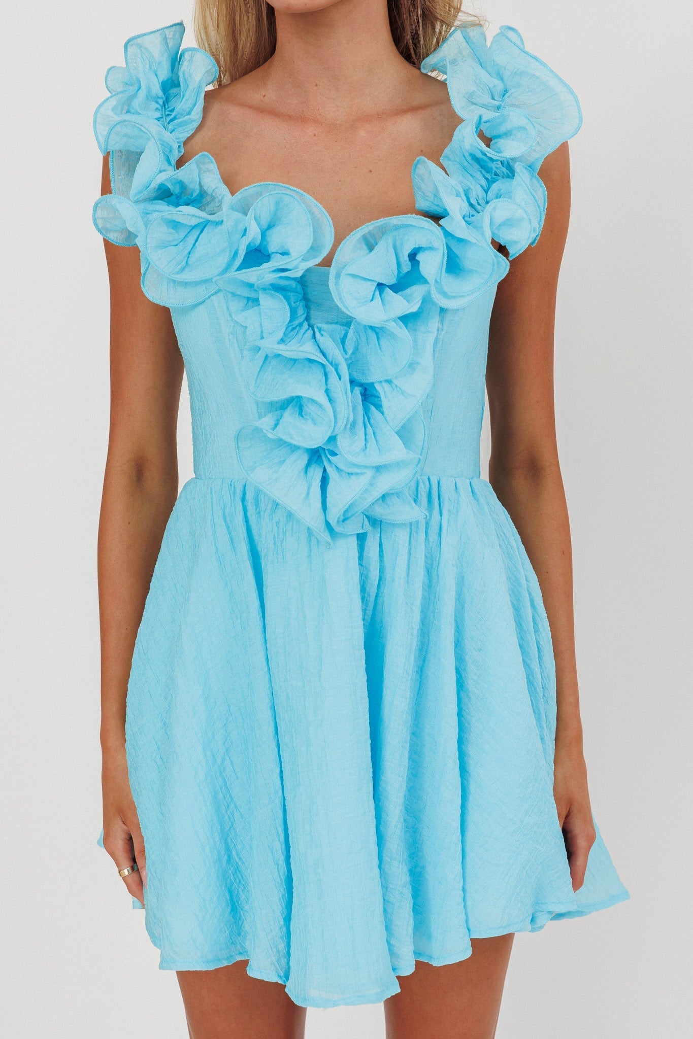 Nivaya Ruffle Neckline Mini Dress Ocean