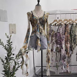 French Retro Oil Painting Wind Dyed Lotus Leaf Side Sling T-Shirts Long Sleeves Drifting Coat 2658 HZ1208