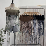 Real Shot Shoulder Cross Hanging Neck Knitting Mesh Yarn Coat Irregular Ribbon Horn Long-Sleeved T-Shirt 1101 HZ1208