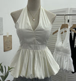 French Retro Hanging Neck Tie With Bare Back Sling Skirt Folded Short Sleeveless Top Woman 9225 HZ1208