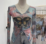Real Shooting Amount Of Bumpy Tulle Spliced Denim Butterfly Design Sunscreen Coat V Collar Short T-Shirt 1965 HZ1208
