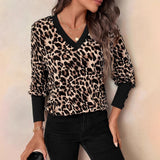 New Leopard-Print Long-Sleeved V-Neck Blouse T-Shirt HZ1208