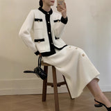 Autumn And Winter Solid Color Overturned Sweater Suit Female Horn Sleeve Temperament Knitted Polo Skirt Two-Piece HZ1208