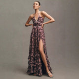 French Sexy Pure-Want Wind Hanging Neck Dress Women's Summer Long Seaside Resort Wind-Dexed Skirt Floral Dress HZ1208