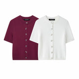 Autumn And Winter New Bow Buckle Buckle Short-Sleeved Knit Coat 9598201 HZ1208