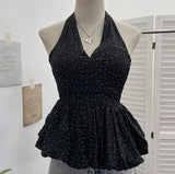 Real Shooting Wave Point Hanging Neck Sling Vest Bare Back Bow Skirt Swollen Belly Thin Sleeveless Top 9260 HZ1208