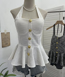 Small Fragrant Wind Coarse Flowers Hanging Neck Sling Vest With Chest Cushions Waist Skirts With Sleeveless Top 2692 HZ1208