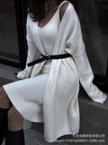 2025 New Solid V-Neck Jacket Dress + Sweater Cardigan Hot Elegant Knitted Set HZ1208