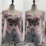 Real Shooting Amount Of Bumpy Tulle Spliced Denim Butterfly Design Sunscreen Coat V Collar Short T-Shirt 1965 HZ1208