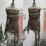 Sweet And Spicy Shoulder Dyed Printing Mesh Long-Sleeved Coat Folds Irregular Ribbon T-Shirt 9997 HZ1208