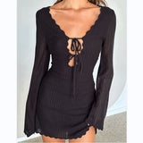 Sexy Women's New Knitted Tying Dress With Long Sleeves And Hip Mini Skirt HZ1208