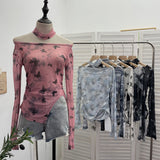 Pink Tie-Dye-Print Single-Layer Mesh Yarn Lint Sun Hoodie Irregular Long-Sleeved T-Shirt Repair On The Body 1962 HZ1208