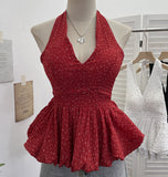 Real Shooting Wave Point Hanging Neck Sling Vest Bare Back Bow Skirt Swollen Belly Thin Sleeveless Top 9260 HZ1208