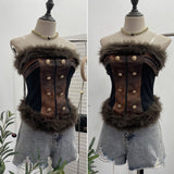 Real-Patted Leather Bra Waist Waist Coat Hair Spliced Pu Leather Slings To Collect Waist Thin Short Sleeveless Top 2996 HZ1208