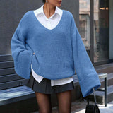 Autumn And Winter Loose Street Open Fork V-Neck Sweater Women's Horn Sleeve Coarse Knitted Languid Retro Tide Blouse HZ1208