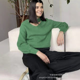2025 Autumn And Winter Ultra-Soft V-Neck Imitation Marinish Sweater Female Lazy Style Loose Knitted Sweater HZ1208