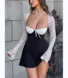 Sexy Women's New Lace Long Sleeve Side Collar Bare Back Short Skirt HZ1208