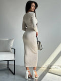 Elegant Wind Solid Color Knitted Dress Female Spring And Autumn Temperament Waist Long Sleeve Long Skirt HZ1208