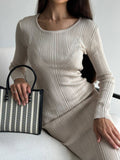 Elegant Wind Solid Color Knitted Dress Female Spring And Autumn Temperament Waist Long Sleeve Long Skirt HZ1208