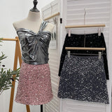 Pink Lewd Skirt High Waist Thin Anti-Light Bag A Word Flashy Bundi Skirt 8021 HZ1208