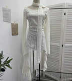 The Dark Waste Soil Wind Makes The Old Hole Hanging Shoulder Hanging With Long Sleeves Irregularly Open Fork T-Shirt Skirt 9295 HZ1208