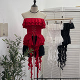 Real Shooting Hottie Belt Lotus Side Splicing Lace Bra Vest Word Shoulder Ribbon Short Coat 8013 HZ1208