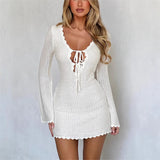 Sexy Women's New Knitted Tying Dress With Long Sleeves And Hip Mini Skirt HZ1208
