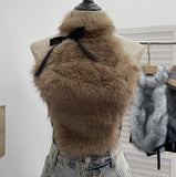 Real-Shot Bow Decorative Hair Splicing Elastic Hanging Neck Vest Outside Wearing Hairy Short Grinding Coat 2791 HZ1208