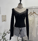 Real Shooting Merard Wind Strapted Bow Splicing Lace Pure Desire Blouse Folding Body Short Blouse 6015 HZ1208