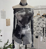 Pink Tie-Dye-Print Single-Layer Mesh Yarn Lint Sun Hoodie Irregular Long-Sleeved T-Shirt Repair On The Body 1962 HZ1208