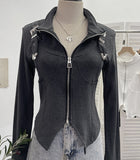 Real Shooting Irregular Zipper Collar Short Small Coat With Long Sleeves And Bottom Shirt 2680 HZ1208