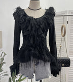 Real Shooting Waste Soil Wind Irregular Wood Ear Trumin Knitting To Make Old Hole Splicing Hairy Blouse Hottie Cardigan 2987 HZ1208