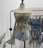 Small-Sized Old-Fashioned Green Shoulder Horn Sleeve Blouse Dye Net Yarn Lace Draw Rope Short T-Shirt 8010 HZ1208