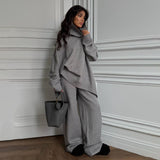 Fashion Style Jersey Top + Straight Trousers Set Women Loose Comfortable Commuting Daily Two Sets HZ1208