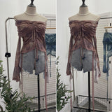 Small-Sized Old-Fashioned Green Shoulder Horn Sleeve Blouse Dye Net Yarn Lace Draw Rope Short T-Shirt 8010 HZ1208