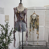 French Retro Oil Painting Wind Dyed Lotus Leaf Side Sling T-Shirts Long Sleeves Drifting Coat 2658 HZ1208