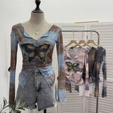 Real Shooting Amount Of Bumpy Tulle Spliced Denim Butterfly Design Sunscreen Coat V Collar Short T-Shirt 1965 HZ1208
